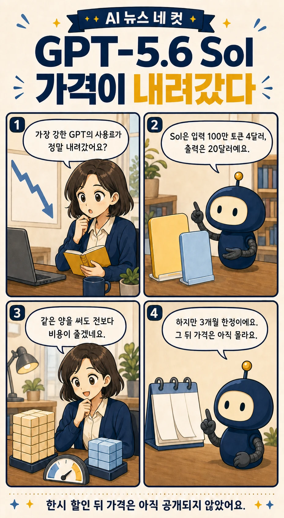4화: GPT-5.6 Sol 가격이 내려갔다 1페이지. 누리: 가장 강한 GPT의 사용료가 정말 내려갔어요? 픽: Sol은 입력 100만 토큰 4달러, 출력은 20달러예요. 누리: 같은 양을 써도 전보다 비용이 줄겠네요. 픽: 하지만 3개월 한정이에요. 그 뒤 가격은 아직 몰라요.
