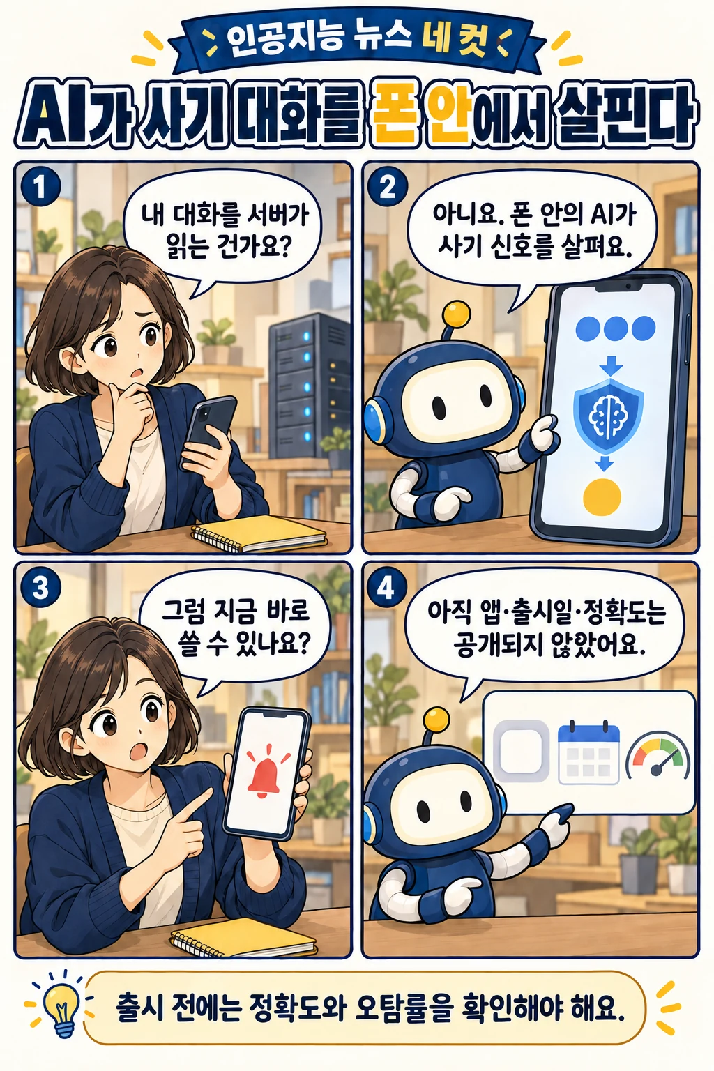 32화: AI가 사기 대화를 폰 안에서 살핀다 1페이지. 누리: 내 대화를 서버가 읽는 건가요? 픽: 아니요. 폰 안의 AI가 사기 신호를 살펴요. 누리: 그럼 지금 바로 쓸 수 있나요? 픽: 아직 앱·출시일·정확도는 공개되지 않았어요.