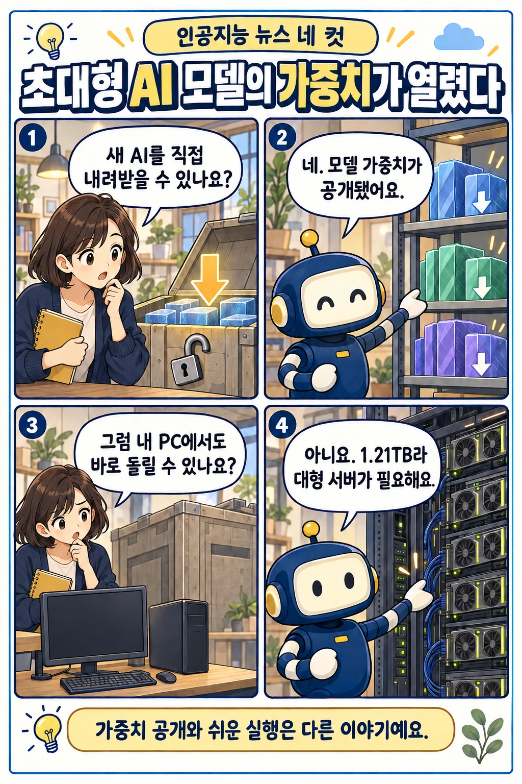33화: 초대형 AI 모델의 가중치가 열렸다 1페이지. 누리: 새 AI를 직접 내려받을 수 있나요? 픽: 네. 모델 가중치가 공개됐어요. 누리: 그럼 내 PC에서도 바로 돌릴 수 있나요? 픽: 아니요. 1.21TB라 대형 서버가 필요해요.