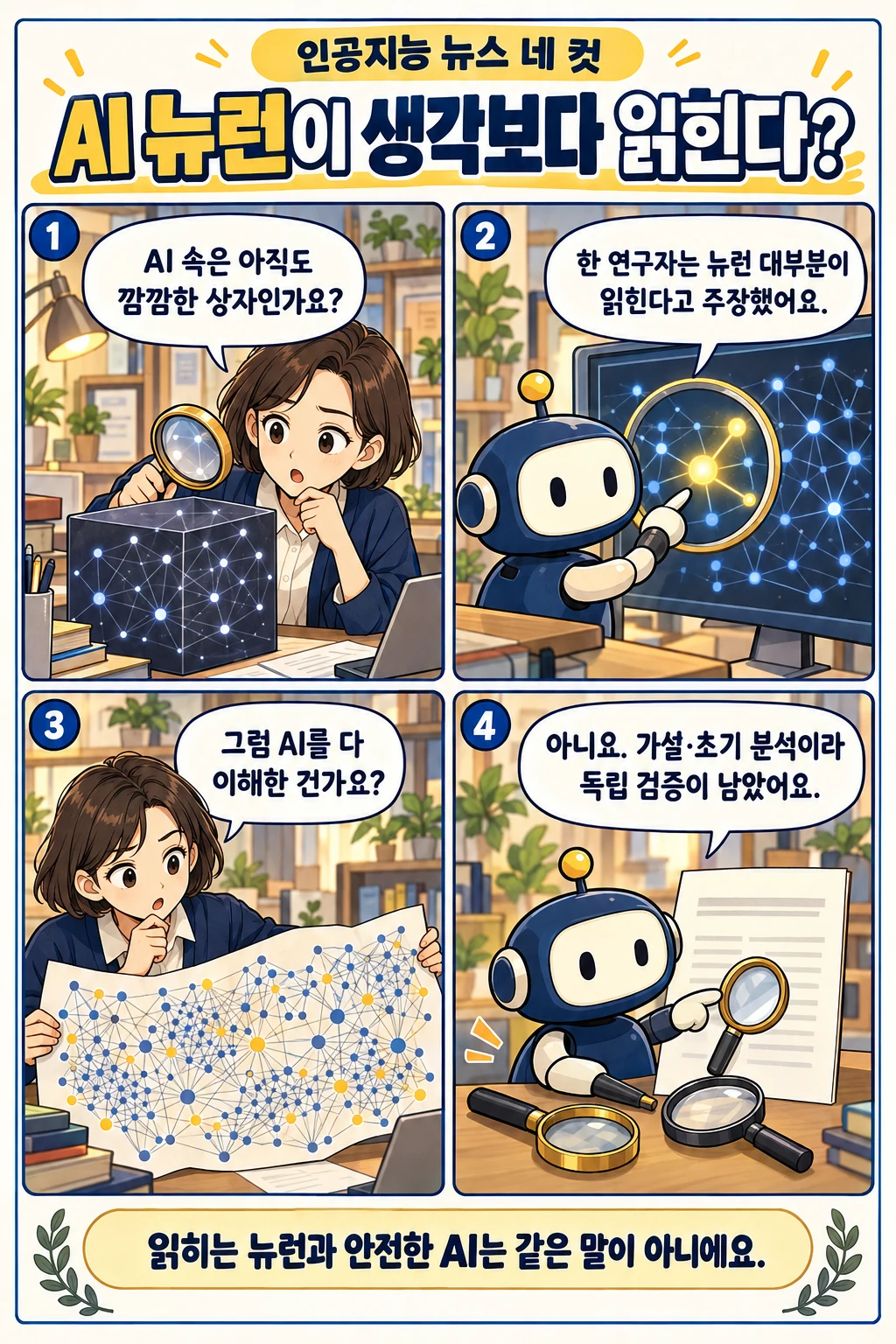 34화: AI 뉴런이 생각보다 읽힌다? 1페이지. 누리: AI 속은 아직도 깜깜한 상자인가요? 픽: 한 연구자는 뉴런 대부분이 읽힌다고 주장했어요. 누리: 그럼 AI를 다 이해한 건가요? 픽: 아니요. 가설·초기 분석이라 독립 검증이 남았어요.