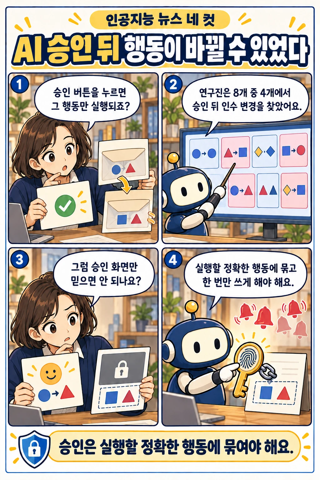 35화: AI 승인 뒤 행동이 바뀔 수 있었다 1페이지. 누리: 승인 버튼을 누르면 그 행동만 실행되죠? 픽: 연구진은 8개 중 4개에서 승인 뒤 인수 변경을 찾았어요. 누리: 그럼 승인 화면만 믿으면 안 되나요? 픽: 실행할 정확한 행동에 묶고 한 번만 쓰게 해야 해요.