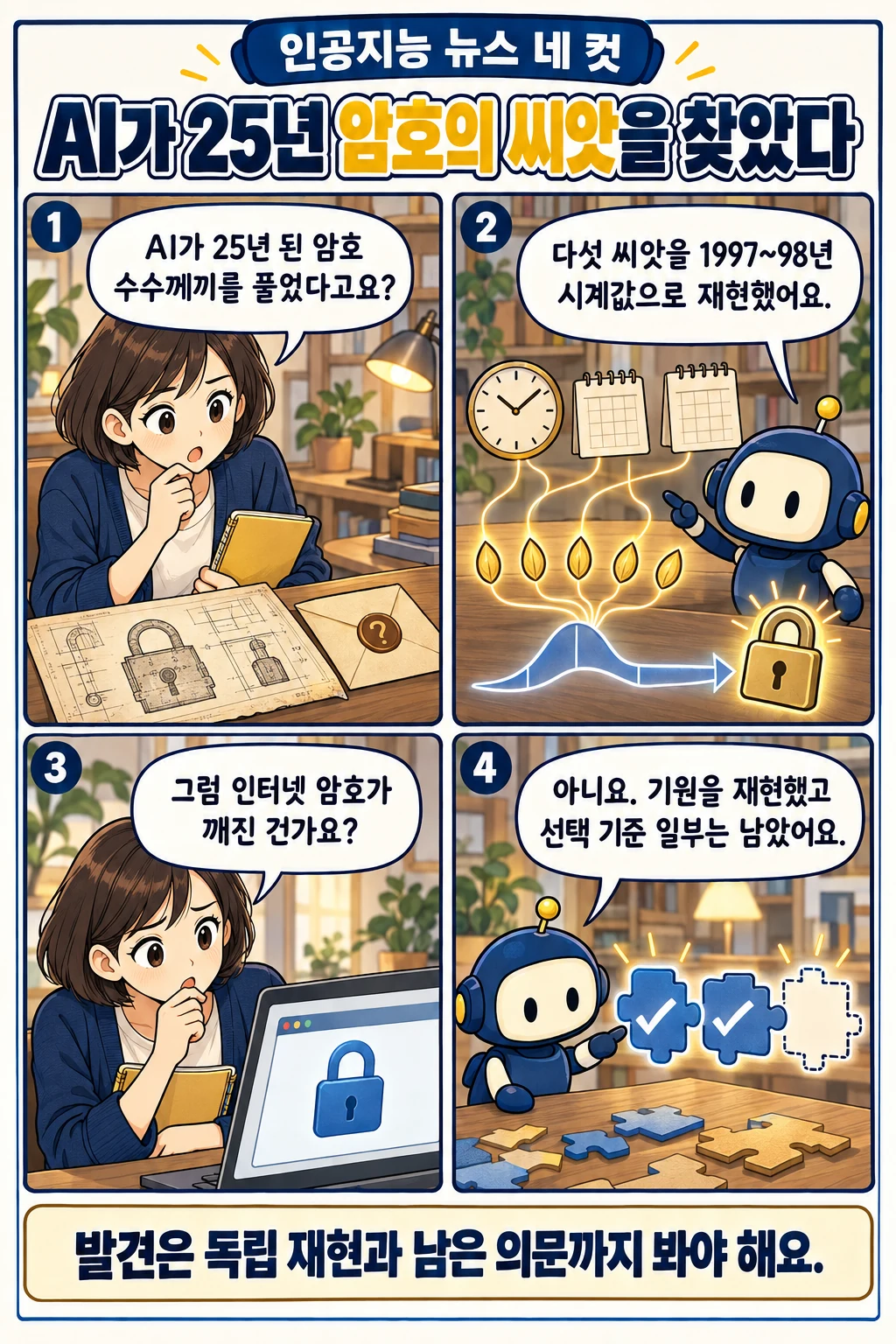 36화: AI가 25년 암호의 씨앗을 찾았다 1페이지. 누리: AI가 25년 된 암호 수수께끼를 풀었다고요? 픽: 다섯 씨앗을 1997~98년 시계값으로 재현했어요. 누리: 그럼 인터넷 암호가 깨진 건가요? 픽: 아니요. 기원을 재현했고 선택 기준 일부는 남았어요.