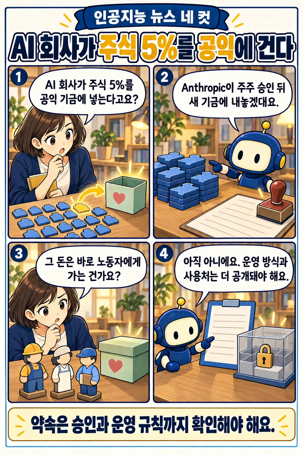 37화: AI 회사가 주식 5%를 공익에 건다 1페이지. 누리: AI 회사가 주식 5%를 공익 기금에 넣는다고요? 픽: Anthropic이 주주 승인 뒤 새 기금에 내놓겠대요. 누리: 그 돈은 바로 노동자에게 가는 건가요? 픽: 아직 아니에요. 운영 방식과 사용처는 더 공개돼야 해요.