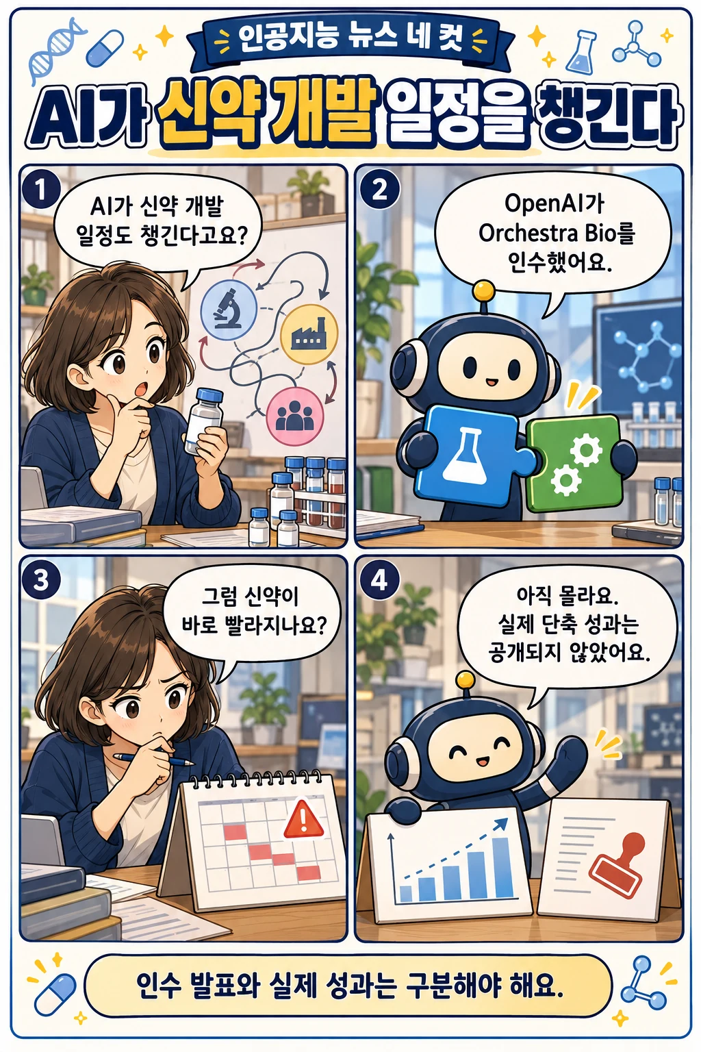 38화: AI가 신약 개발 일정을 챙긴다 1페이지. 누리: AI가 신약 개발 일정도 챙긴다고요? 픽: OpenAI가 Orchestra Bio를 인수했어요. 누리: 그럼 신약이 바로 빨라지나요? 픽: 아직 몰라요. 실제 단축 성과는 공개되지 않았어요.