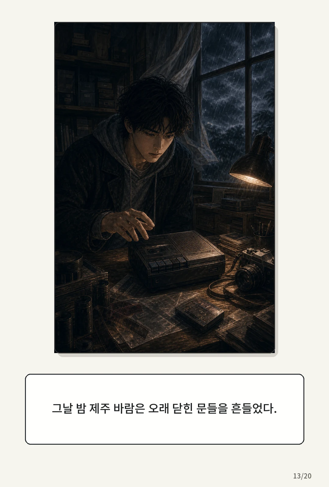 1화: 돌아오는 바람 13페이지. 그날 밤 제주 바람은 오래 닫힌 문들을 흔들었다.