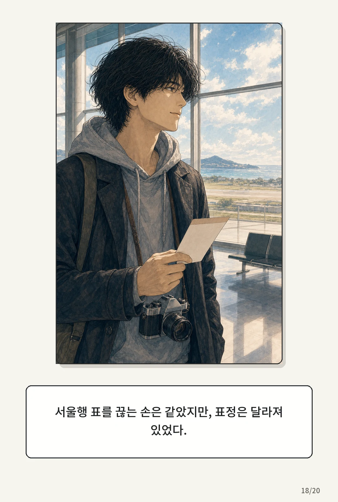 1화: 돌아오는 바람 18페이지. 서울행 표를 끊는 손은 같았지만, 표정은 달라져 있었다.