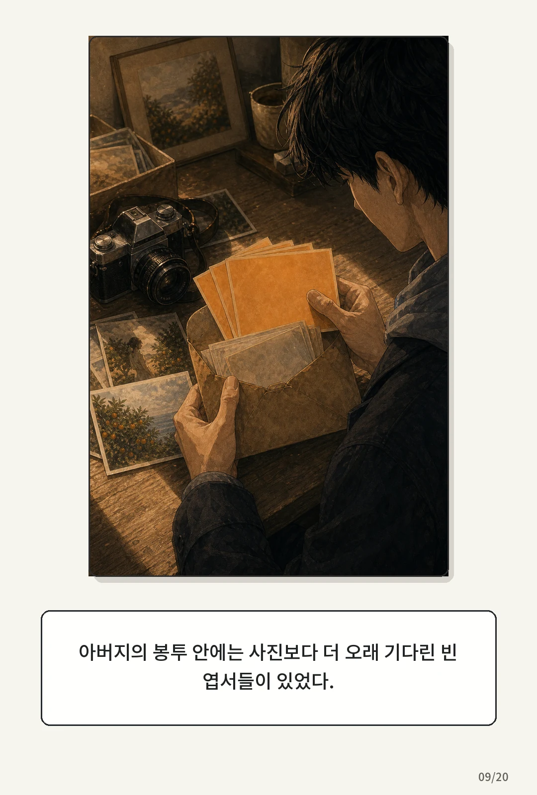 2화: 귤빛 엽서 9페이지. 아버지의 봉투 안에는 사진보다 더 오래 기다린 빈 엽서들이 있었다.