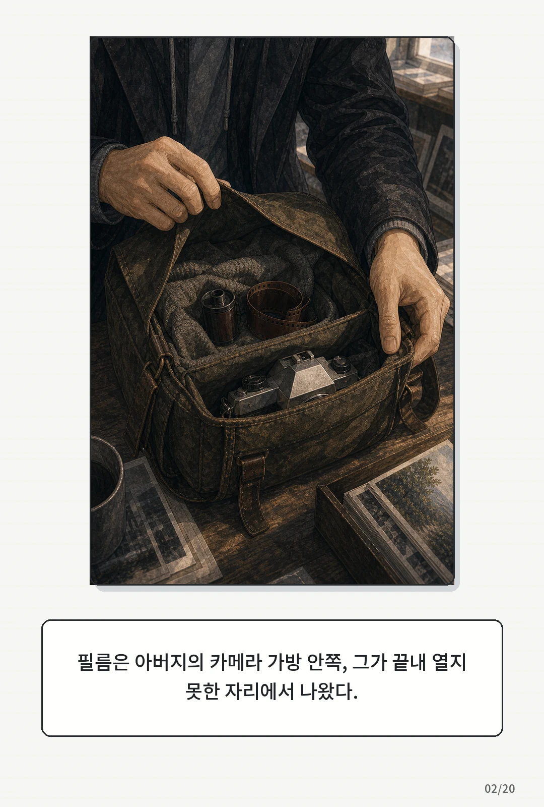 3화: 겨울의 필름 2페이지. 필름은 아버지의 카메라 가방 안쪽, 그가 끝내 열지 못한 자리에서 나왔다.