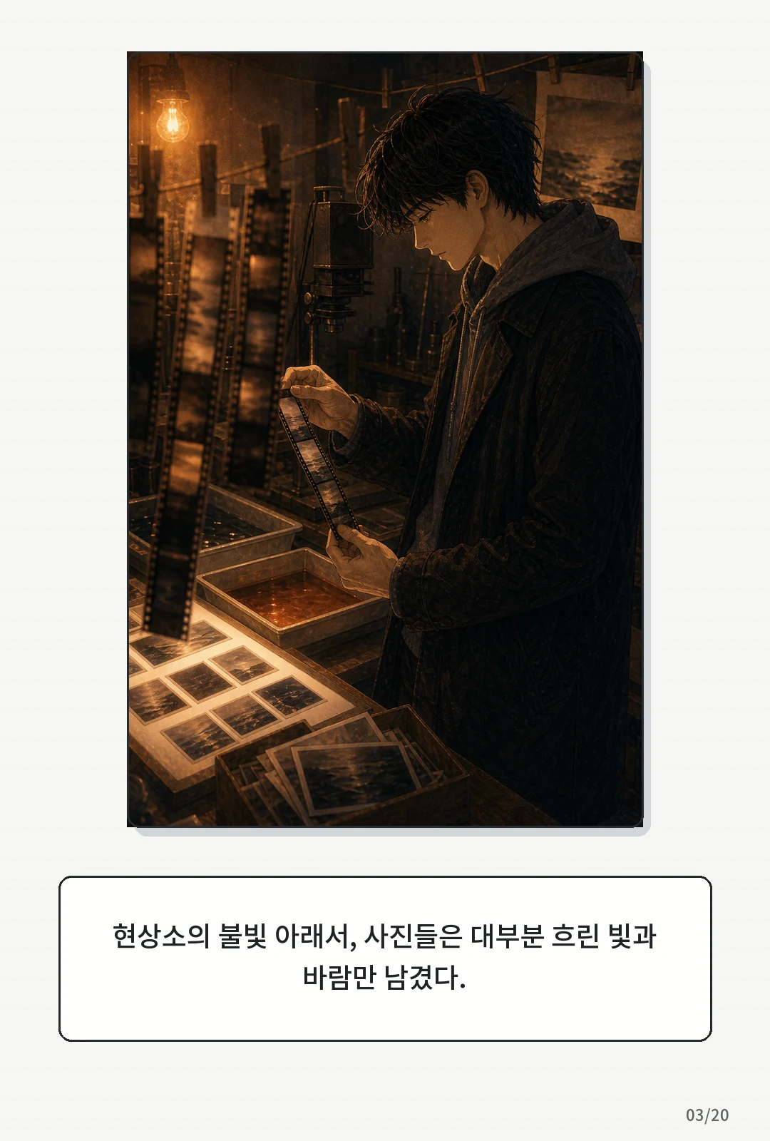 3화: 겨울의 필름 3페이지. 현상소의 불빛 아래서, 사진들은 대부분 흐린 빛과 바람만 남겼다.