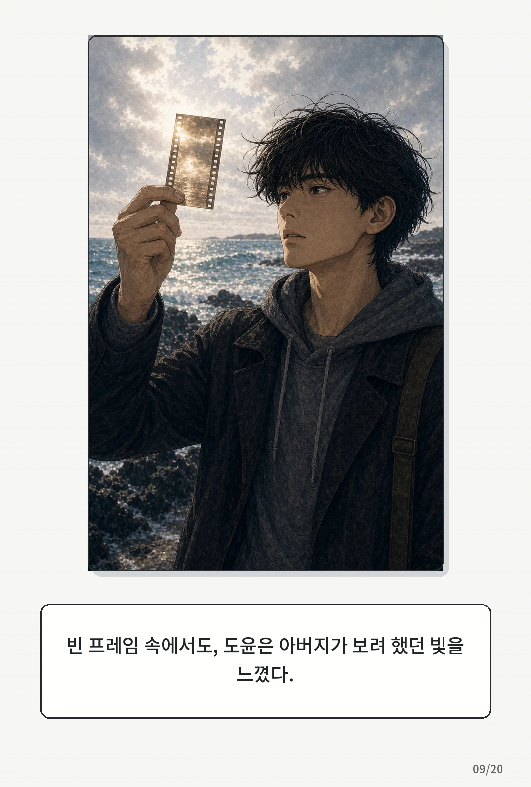 3화: 겨울의 필름 9페이지. 빈 프레임 속에서도, 도윤은 아버지가 보려 했던 빛을 느꼈다.