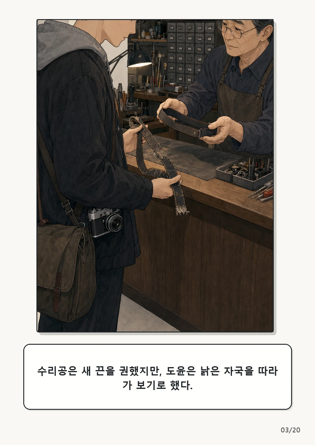 4화: 수선한 끈 3페이지. 수리공은 새 끈을 권했지만, 도윤은 낡은 자국을 따라가 보기로 했다.