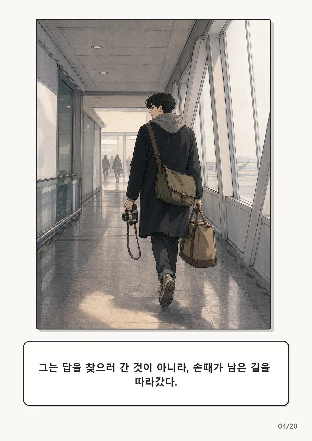 4화: 수선한 끈 4페이지. 그는 답을 찾으러 간 것이 아니라, 손때가 남은 길을 따라갔다.