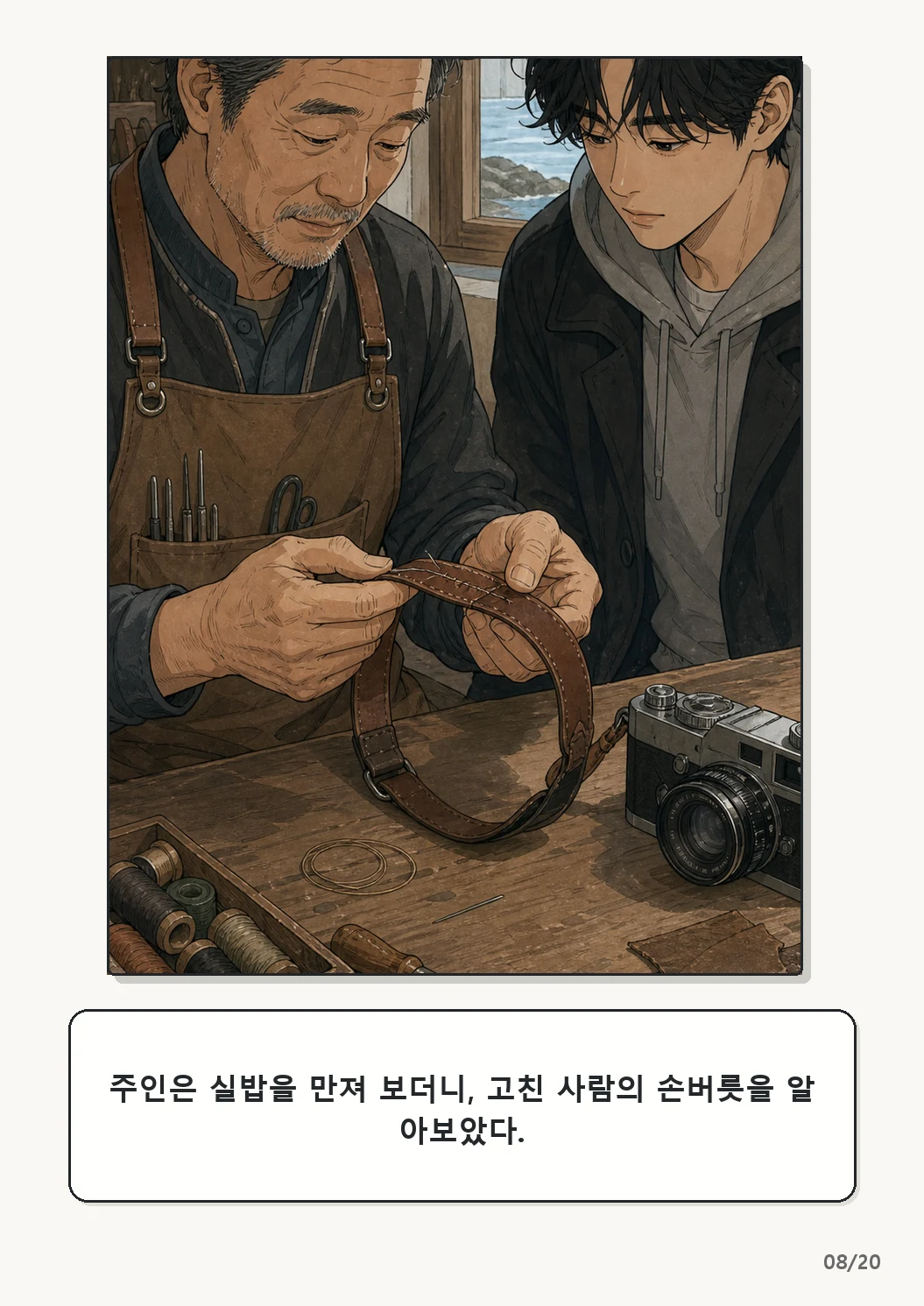 4화: 수선한 끈 8페이지. 주인은 실밥을 만져 보더니, 고친 사람의 손버릇을 알아보았다.