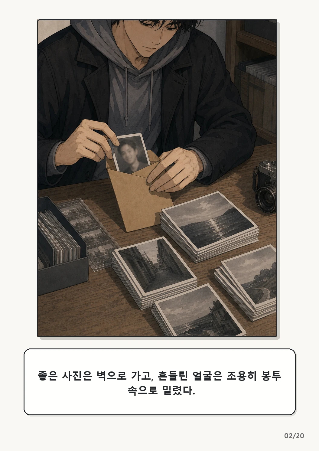 5화: 고르지 않은 빛 2페이지. 좋은 사진은 벽으로 가고, 흔들린 얼굴은 조용히 봉투 속으로 밀렸다.