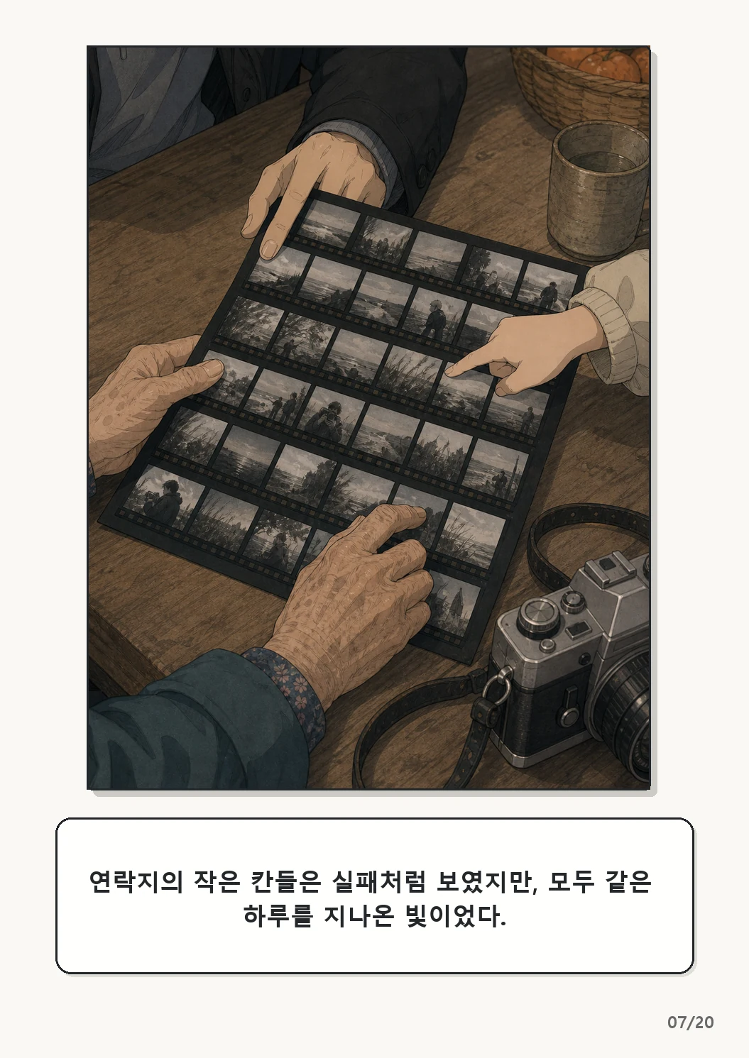 5화: 고르지 않은 빛 7페이지. 연락지의 작은 칸들은 실패처럼 보였지만, 모두 같은 하루를 지나온 빛이었다.