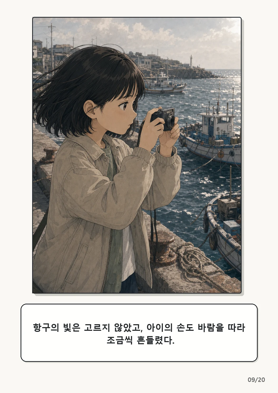 5화: 고르지 않은 빛 9페이지. 항구의 빛은 고르지 않았고, 아이의 손도 바람을 따라 조금씩 흔들렸다.