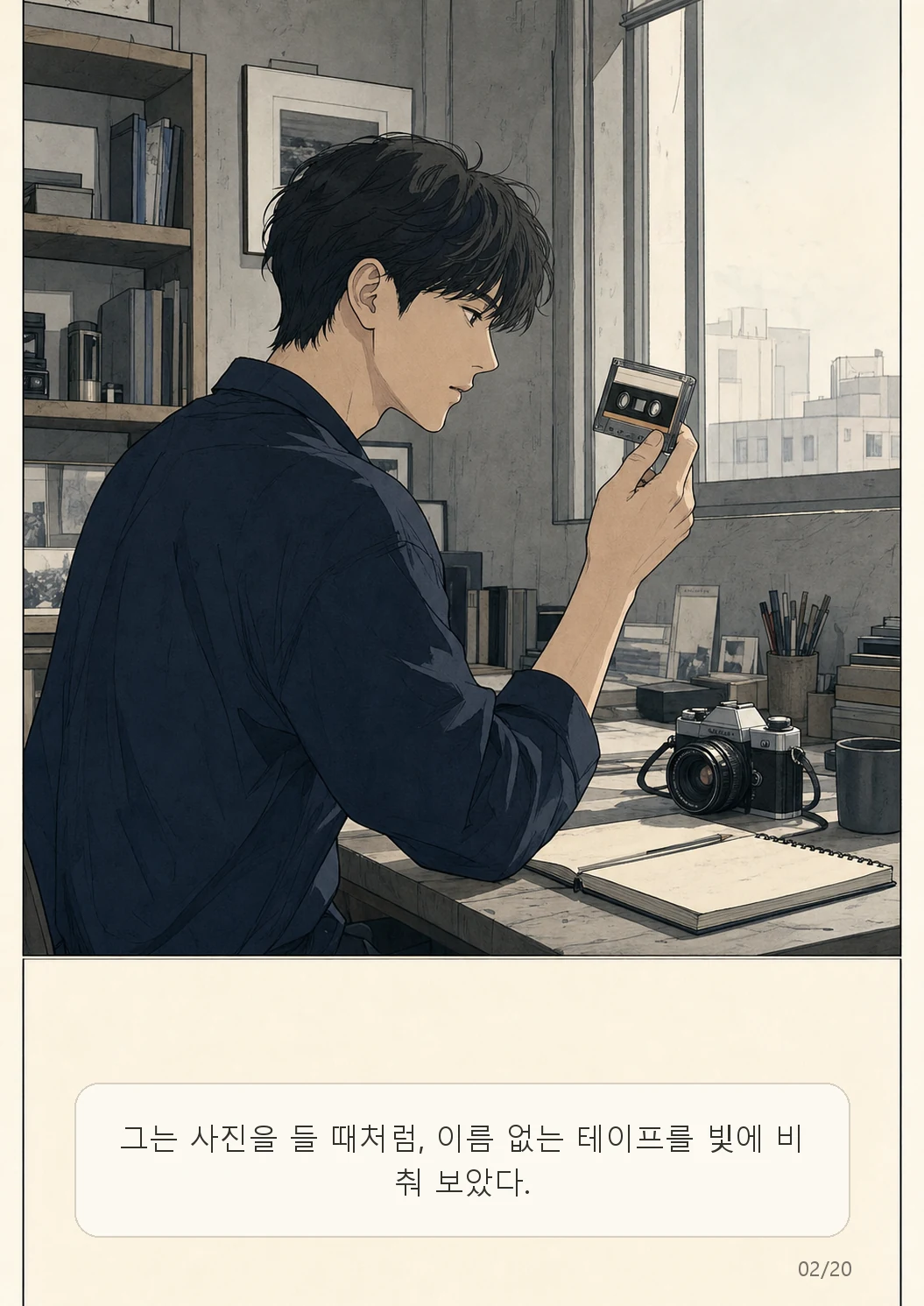 6화: 바람의 녹음 2페이지. 그는 사진을 들 때처럼, 이름 없는 테이프를 빛에 비춰 보았다.