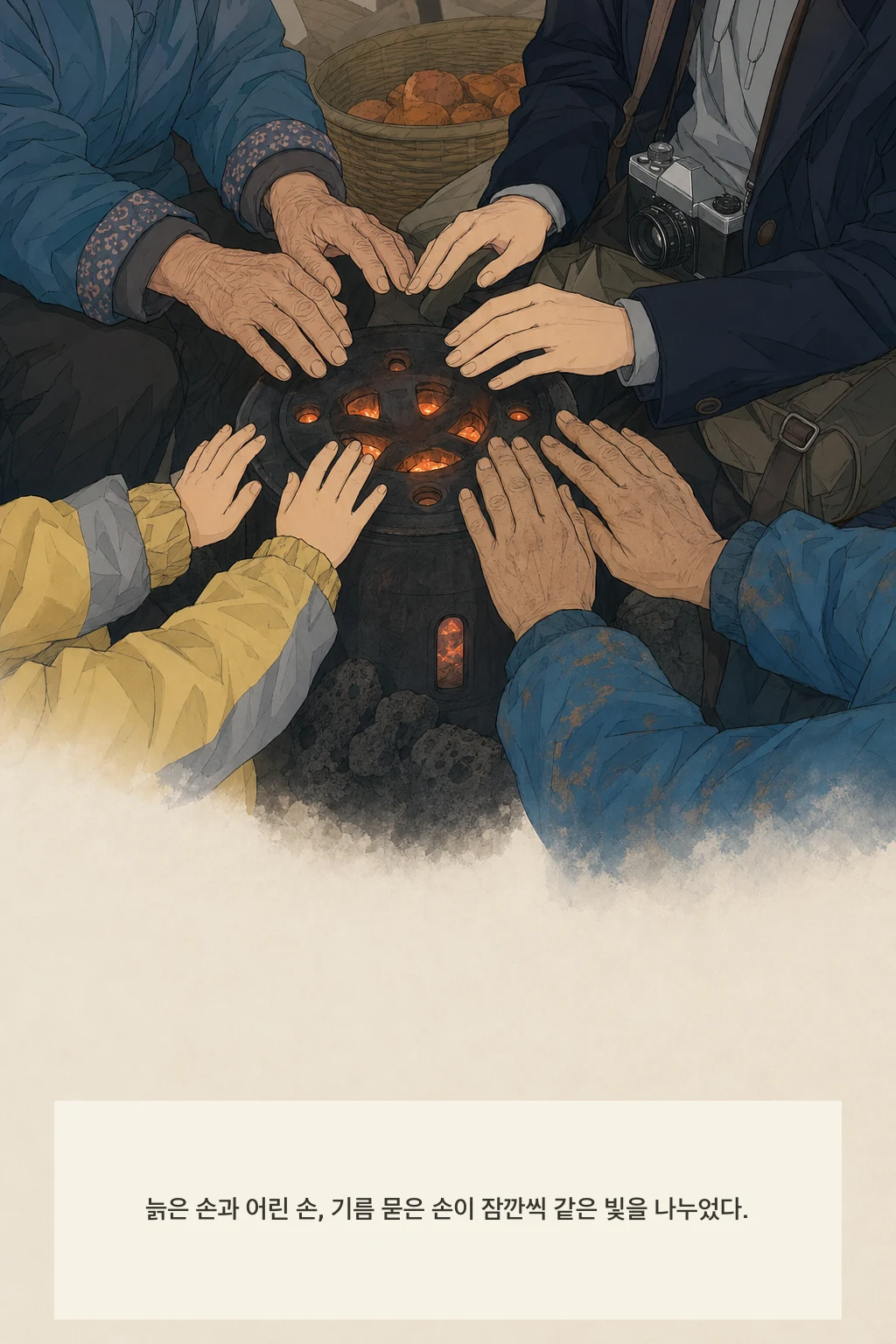 13화: 온기가 남는 자리 12페이지. 늙은 손과 어린 손, 기름 묻은 손이 잠깐씩 같은 빛을 나누었다.