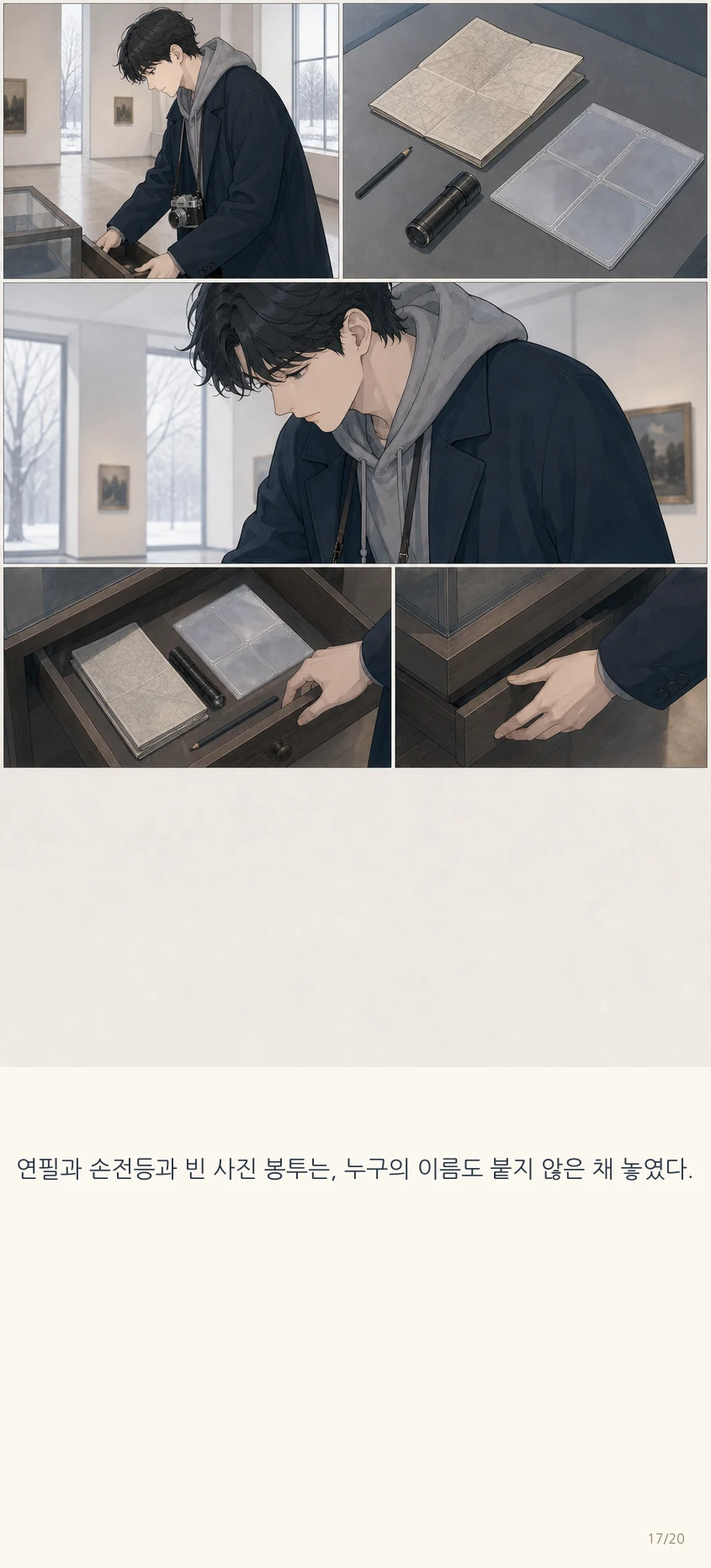 14화: 열린 서랍 17페이지. 연필과 손전등과 빈 사진 봉투는, 누구의 이름도 붙지 않은 채 놓였다.