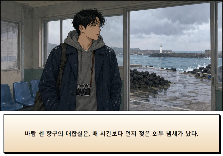 15화: 남겨 둔 의자 4페이지. 바람 센 항구의 대합실은, 배 시간보다 먼저 젖은 외투 냄새가 났다.