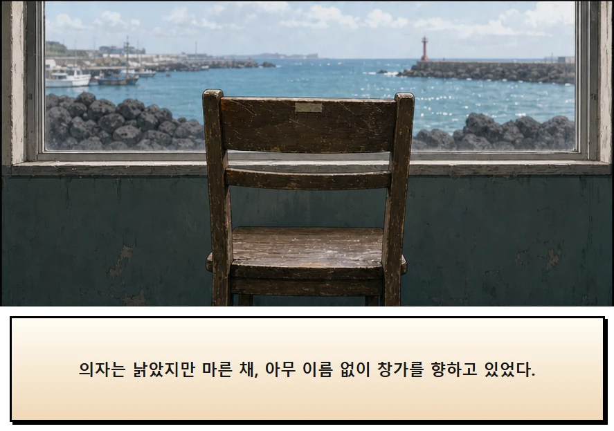 15화: 남겨 둔 의자 5페이지. 의자는 낡았지만 마른 채, 아무 이름 없이 창가를 향하고 있었다.