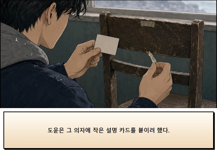 15화: 남겨 둔 의자 6페이지. 도윤은 그 의자에 작은 설명 카드를 붙이려 했다.