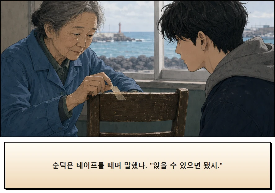 15화: 남겨 둔 의자 7페이지. 순덕은 테이프를 떼며 말했다. “앉을 수 있으면 됐지.”