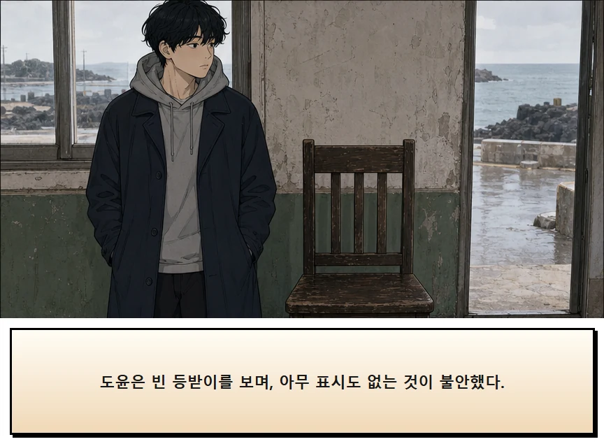 15화: 남겨 둔 의자 8페이지. 도윤은 빈 등받이를 보며, 아무 표시도 없는 것이 불안했다.