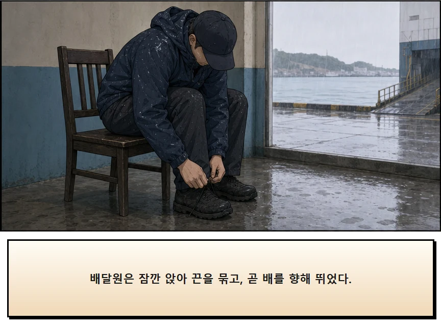 15화: 남겨 둔 의자 13페이지. 배달원은 잠깐 앉아 끈을 묶고, 곧 배를 향해 뛰었다.