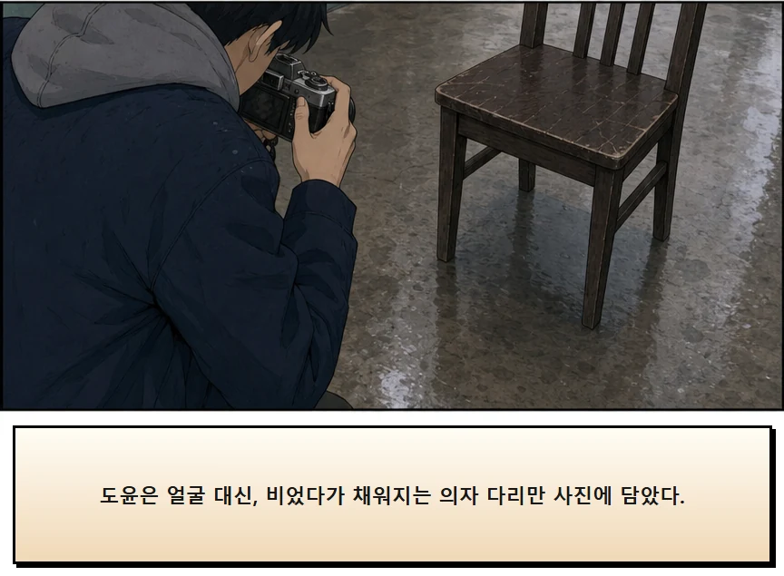 15화: 남겨 둔 의자 14페이지. 도윤은 얼굴 대신, 비었다가 채워지는 의자 다리만 사진에 담았다.