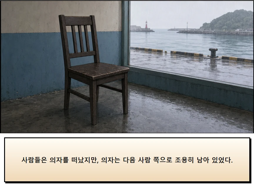 15화: 남겨 둔 의자 15페이지. 사람들은 의자를 떠났지만, 의자는 다음 사람 쪽으로 조용히 남아 있었다.