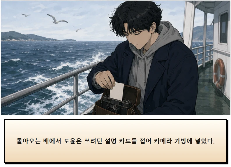15화: 남겨 둔 의자 16페이지. 돌아오는 배에서 도윤은 쓰려던 설명 카드를 접어 카메라 가방에 넣었다.