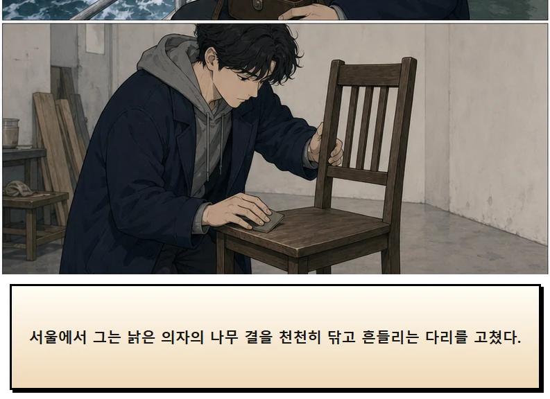 15화: 남겨 둔 의자 17페이지. 서울에서 그는 낡은 의자의 나무 결을 천천히 닦고 흔들리는 다리를 고쳤다.