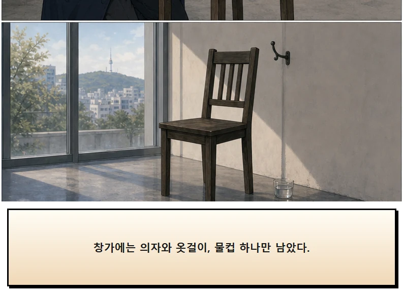 15화: 남겨 둔 의자 18페이지. 창가에는 의자와 옷걸이, 물컵 하나만 남았다.