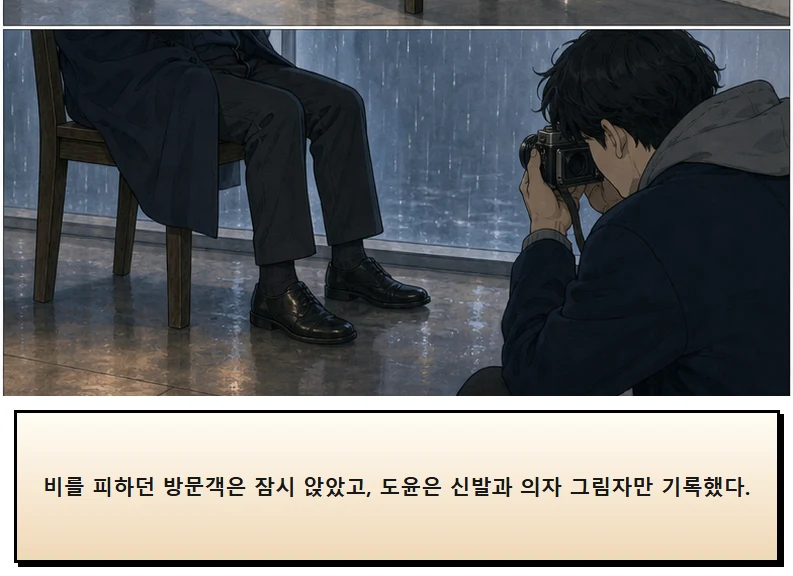 15화: 남겨 둔 의자 19페이지. 비를 피하던 방문객은 잠시 앉았고, 도윤은 신발과 의자 그림자만 기록했다.