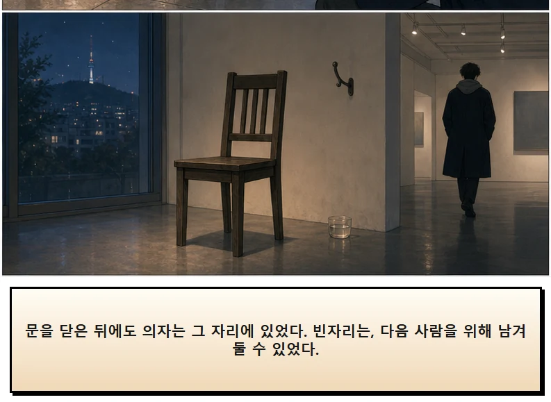 15화: 남겨 둔 의자 20페이지. 문을 닫은 뒤에도 의자는 그 자리에 있었다. 빈자리는, 다음 사람을 위해 남겨 둘 수 있었다.