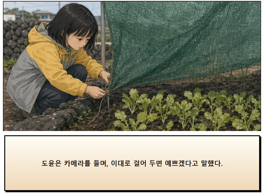 17화: 바람을 거르는 망 7페이지. 도윤은 카메라를 들며, 이대로 걸어 두면 예쁘겠다고 말했다.