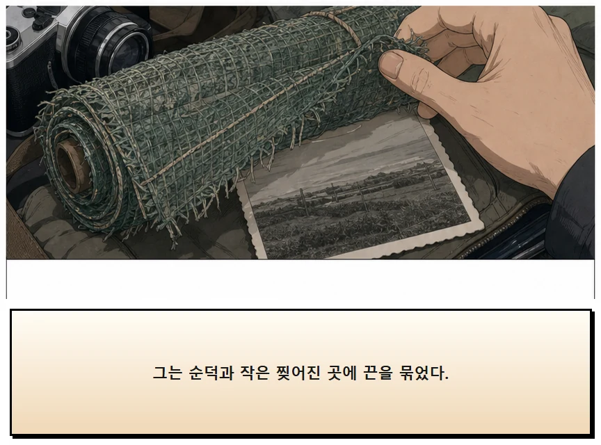 17화: 바람을 거르는 망 10페이지. 그는 순덕과 작은 찢어진 곳에 끈을 묶었다.