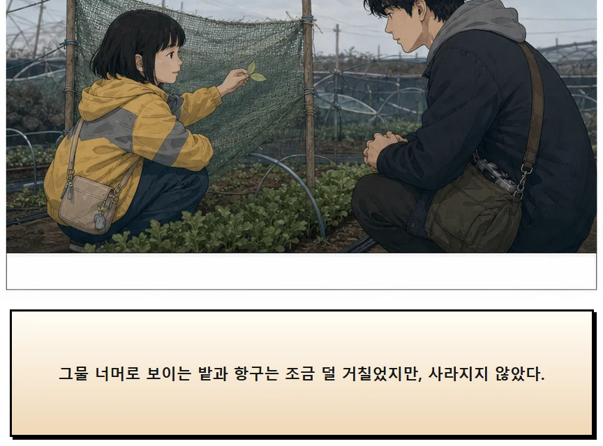 17화: 바람을 거르는 망 13페이지. 그물 너머로 보이는 밭과 항구는 조금 덜 거칠었지만, 사라지지 않았다.