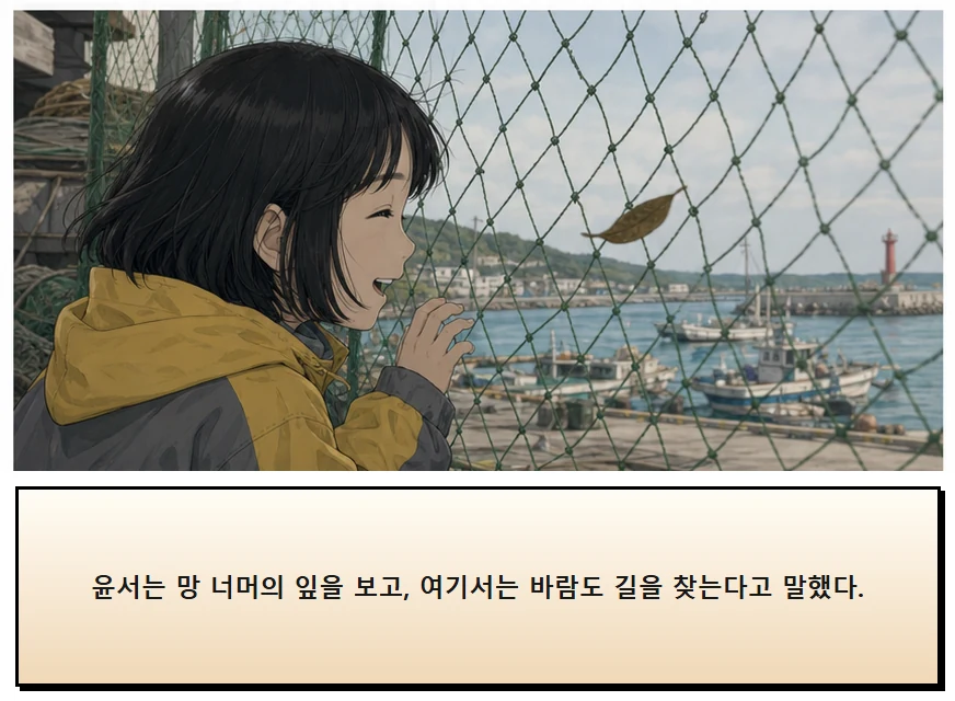 17화: 바람을 거르는 망 14페이지. 윤서는 망 너머의 잎을 보고, 여기서는 바람도 길을 찾는다고 말했다.