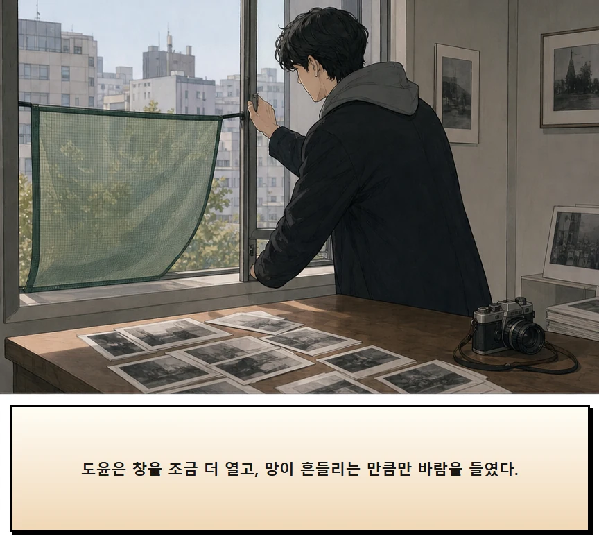 17화: 바람을 거르는 망 19페이지. 도윤은 창을 조금 더 열고, 망이 흔들리는 만큼만 바람을 들였다.