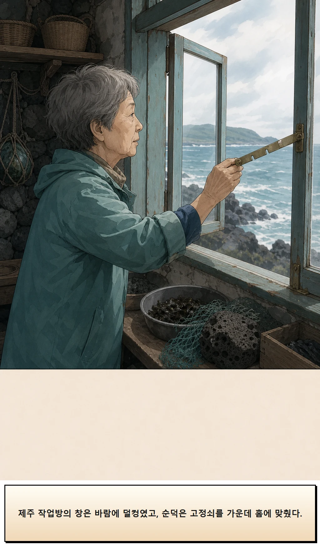 18화: 바람을 맞춘 창 5페이지. 제주 작업방의 창은 바람에 덜컹였고, 순덕은 고정쇠를 가운데 홈에 맞췄다.