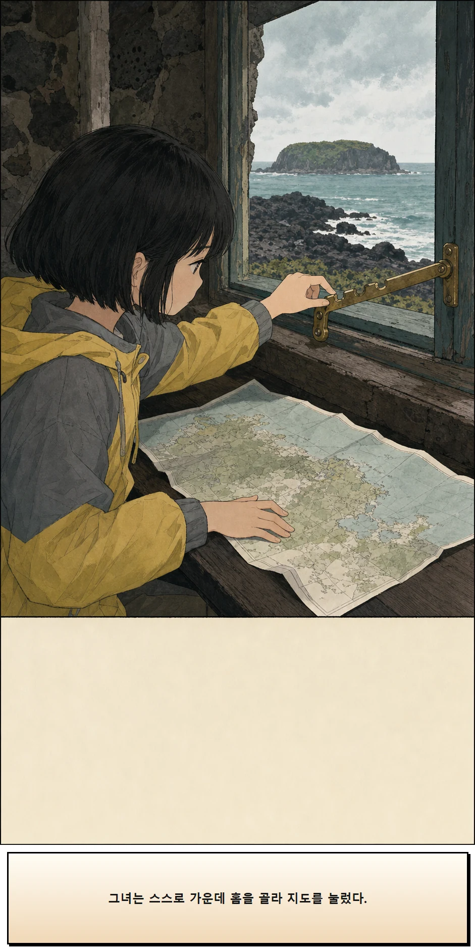 18화: 바람을 맞춘 창 8페이지. 그녀는 스스로 가운데 홈을 골라 지도를 눌렀다.