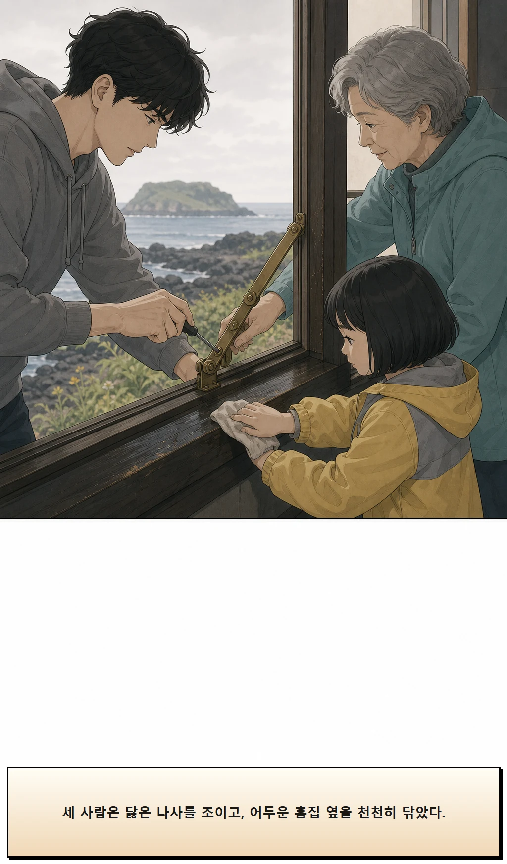 18화: 바람을 맞춘 창 12페이지. 세 사람은 닳은 나사를 조이고, 어두운 흠집 옆을 천천히 닦았다.