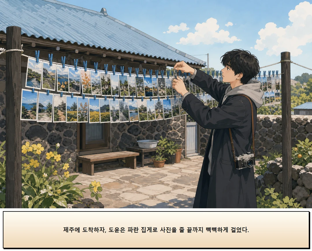19화: 한 칸을 비운 줄 3페이지. 제주에 도착하자, 도윤은 파란 집게로 사진을 줄 끝까지 빽빽하게 걸었다.