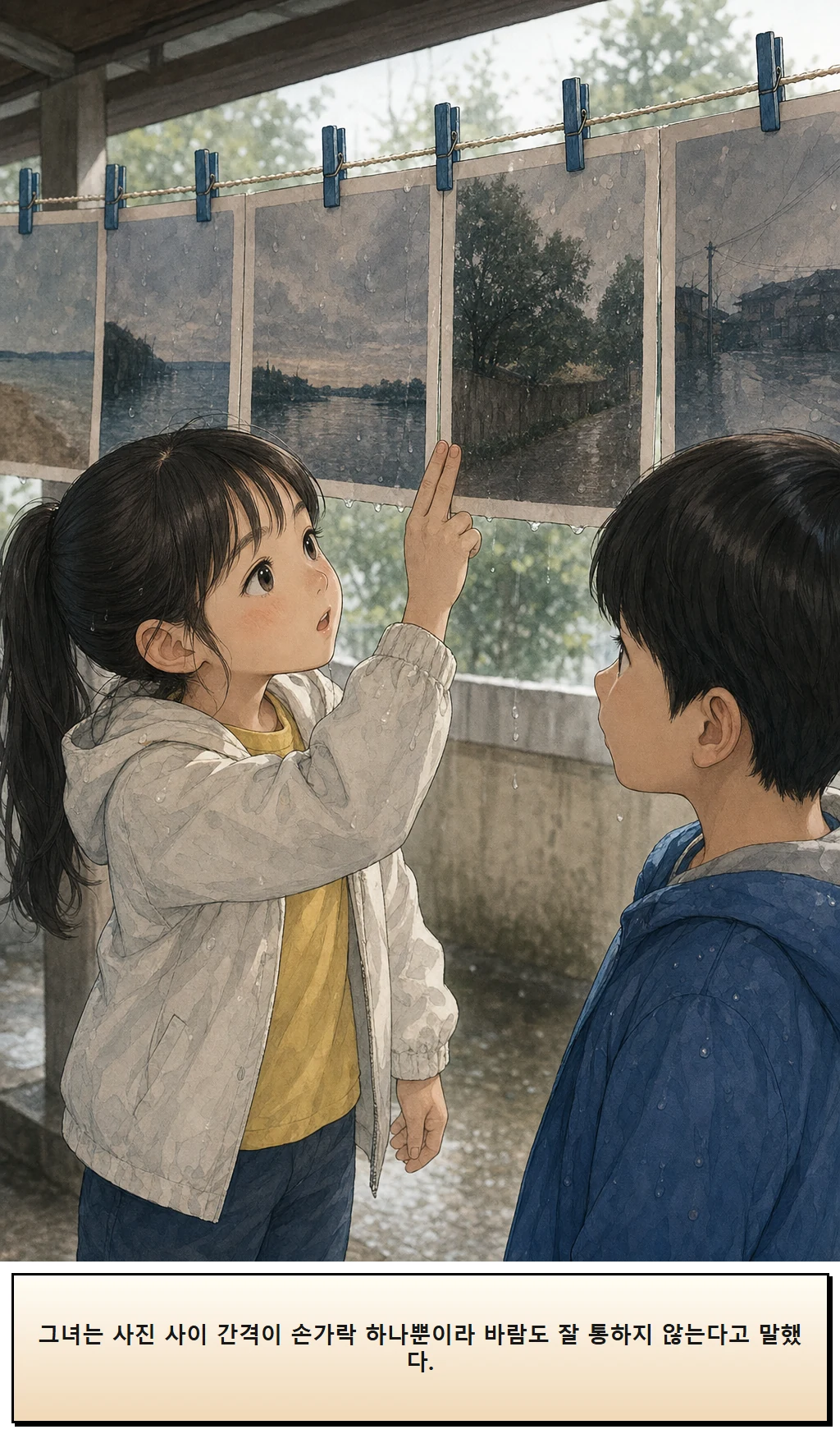 19화: 한 칸을 비운 줄 8페이지. 그녀는 사진 사이 간격이 손가락 하나뿐이라 바람도 잘 통하지 않는다고 말했다.