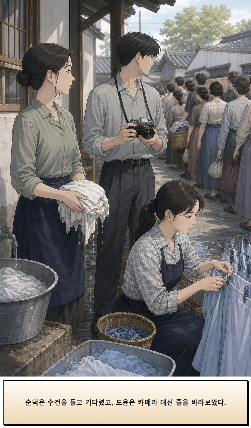 19화: 한 칸을 비운 줄 10페이지. 순덕은 수건을 들고 기다렸고, 도윤은 카메라 대신 줄을 바라보았다.