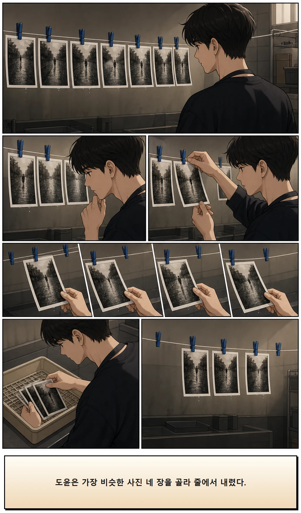 19화: 한 칸을 비운 줄 11페이지. 도윤은 가장 비슷한 사진 네 장을 골라 줄에서 내렸다.
