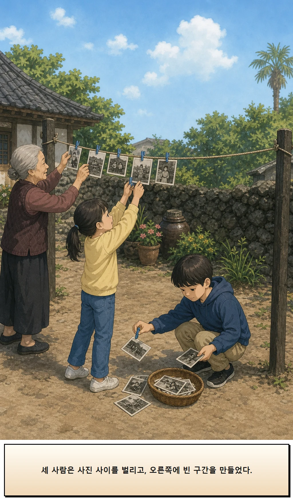 19화: 한 칸을 비운 줄 12페이지. 세 사람은 사진 사이를 벌리고, 오른쪽에 빈 구간을 만들었다.