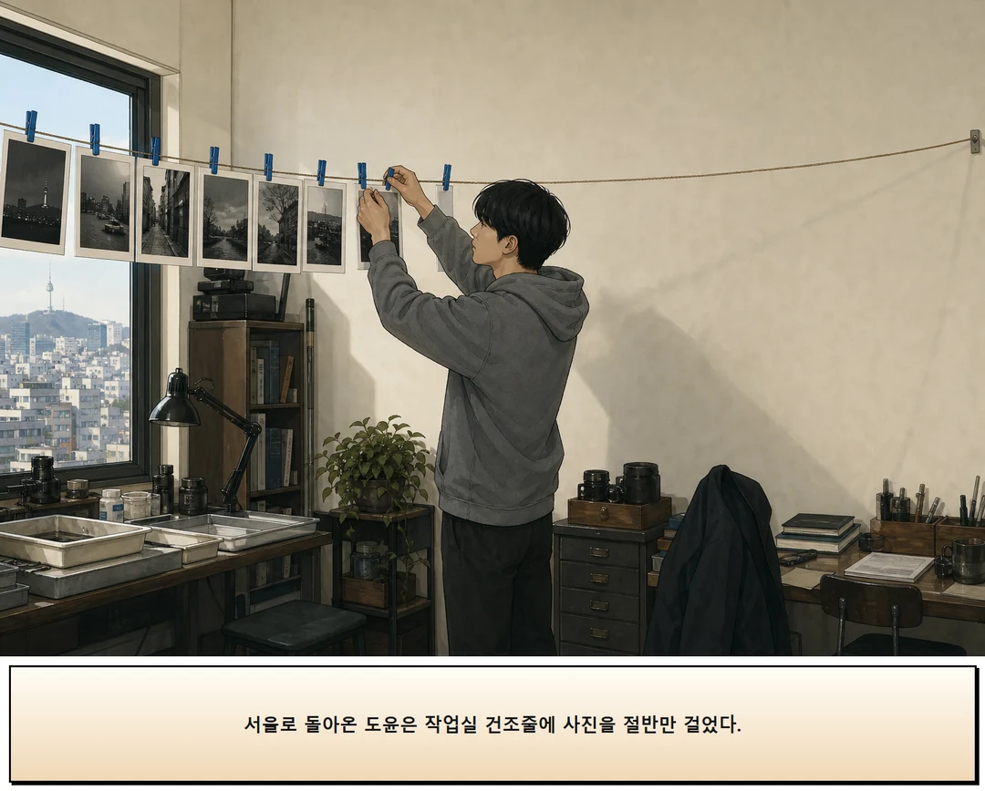 19화: 한 칸을 비운 줄 17페이지. 서울로 돌아온 도윤은 작업실 건조줄에 사진을 절반만 걸었다.